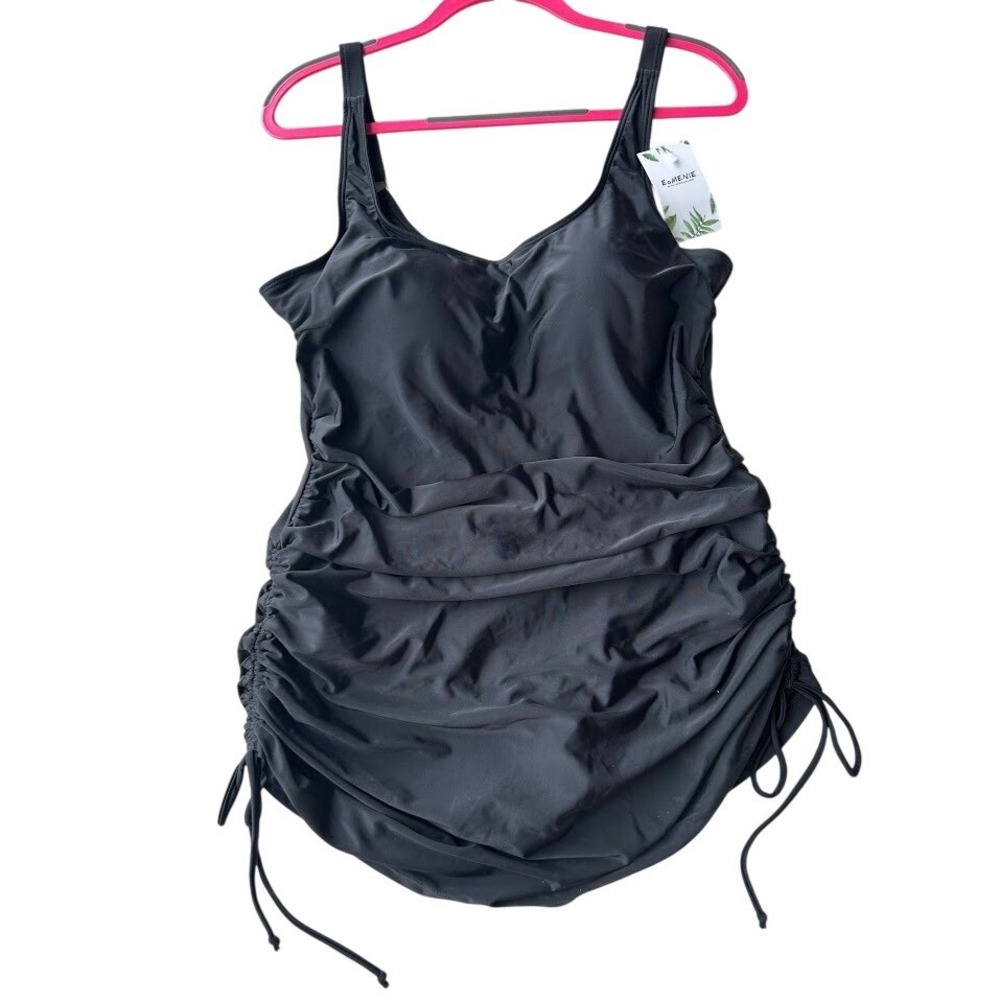 Eomenie Womens 2XL Black Ruched Drawstring‎ One Piece Swimsuit V-Neck Padded Cup